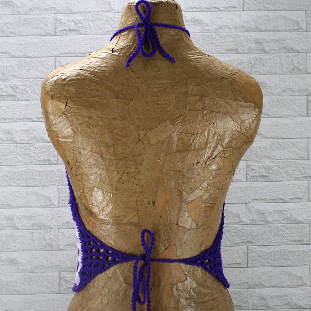 HAND CRAFTED Crop Top Halter Crochet Criss Cross Cut Out Granny Square Stripe - Picture 3 of 12